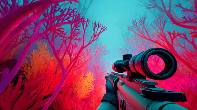 A sniper rifle with a scope is pointed towards an underwater scene filled with vibrant coral reefs in shades of red, pink, and orange.