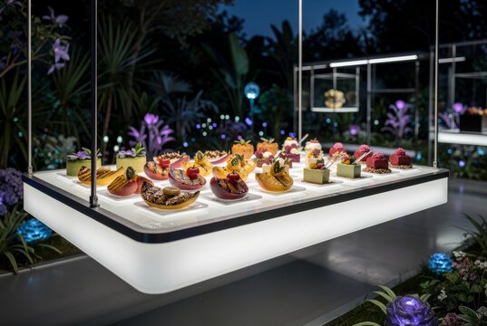 Gourmet Desserts Displayed Elegantly at Night