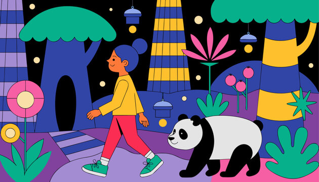 Very beautiful child exploring a magical fantasy forest alongside a friendly panda, surrounded by glowing flowers, floating lanterns, whimsical trees, and enchanting colors in a dreamy vector illustra