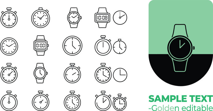 Set of 16 simple line art clock icons in various styles with a green sample text banner for design projects.