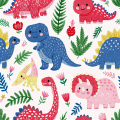 Fototapeta premium Various cute and funny dinosaurs on white background. Naive art and nursery pattern concept. Children seamless illustration for print, textile, fabric, design