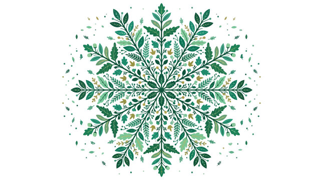 Elegant green leafy snowflake illustration with botanical floral design isolated on white background