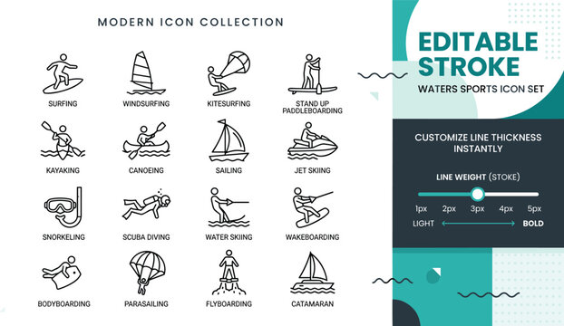 Collection of 18 minimalist outline icons depicting travel, sports, hobbies, and everyday objects in a clean vector style.