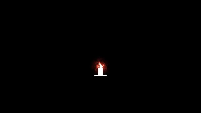 White candle icon with burning fire flame isolated on black background