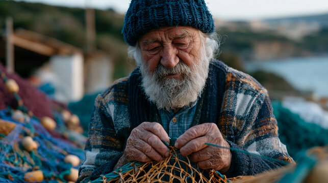 Ninety-four-year-old retired fisherman sits mending nets outside a coastal workshop in early morning mist, his strong arthritic hands working methodically as a documentary filmmaker records the dail