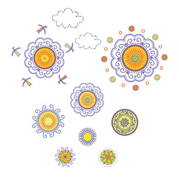 Decorative abstract sun silhouettes set for logo, fabric, textile, wrapping paper, wallpaper, web design