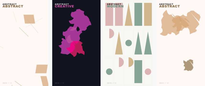 Abstract geometric poster set with minimalist shapes, modern artistic cover collection in earth tones and purple, 4 vector vertical layouts