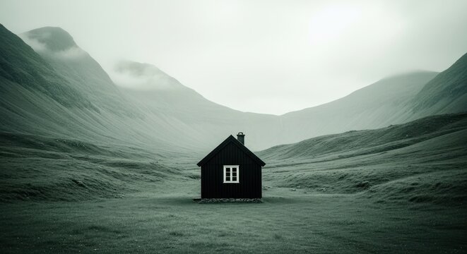Small house stands alone in a valley between distant mountains under cloudy skies