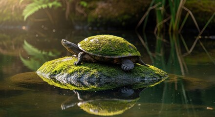 Obraz premium Turtle resting on mossy rock in water sunlight nature wildlife