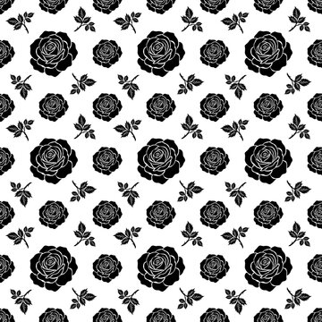 Seamless black rose pattern with leaves on white background