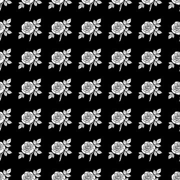White rose seamless pattern with leaves on black background