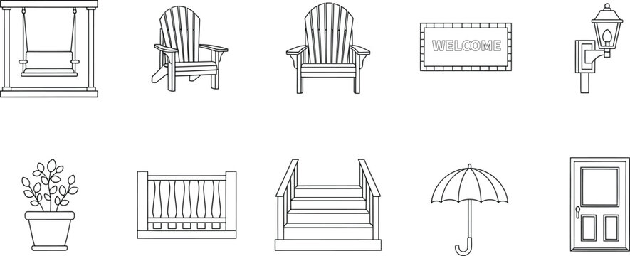 Set of hand drawn outline home and garden icons including furniture doors and decor items