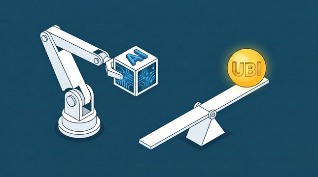 Stylized robotic arm holds AI cube and to the right is scale containing a golden basic income sphere that balances the economy. Balancing basic income with AI technologies. Isometric illustration