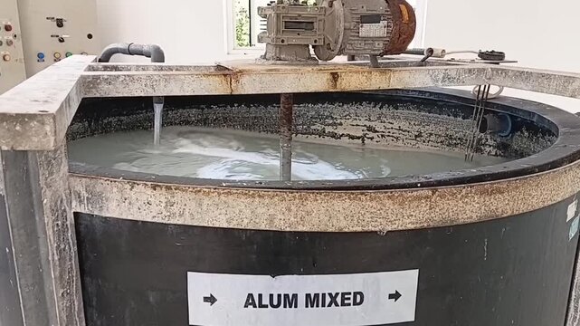 Flocculant chemicals like PAC and Alum mixing with water in an industrial treatment tank to initiate the coagulation and purification process.