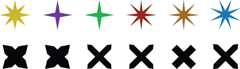 Collection of colorful star shapes and black x symbols isolated on white © Gitika Roy