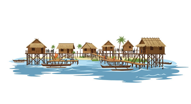 Stylized tropical water village illustration with stilt houses and boats on calm blue water isolated on white background