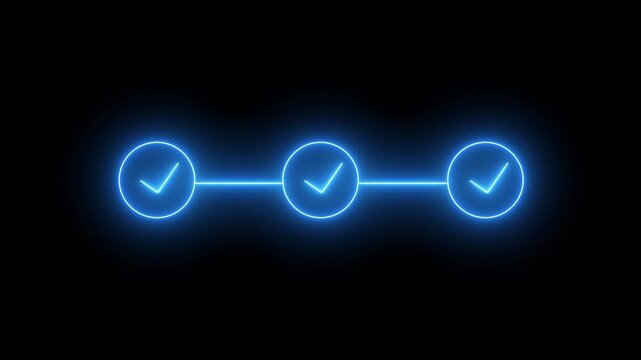 Neon 3-step infographic animation with check mark icons on black background. Step-by-step business process showing success and progress with glowing check marks.