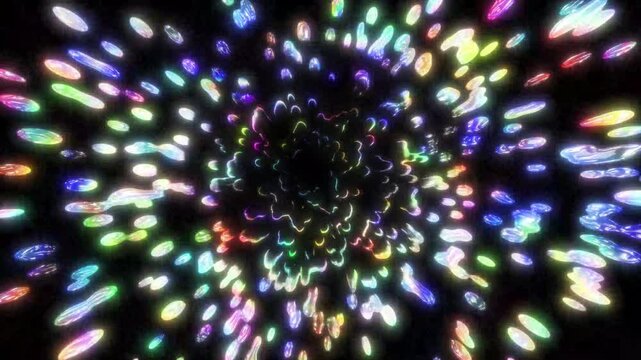 Abstract multicolor liquid crystal tunnel, with glowing holographic lines on black background, seamless loop motion graphic of explosive iridescent fluid splash effect presentation. 4k video