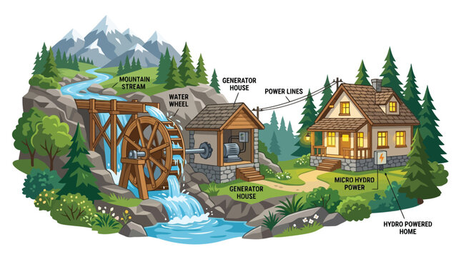 Eco-friendly micro hydro power system illustration with water wheel and generator house isolated on white background