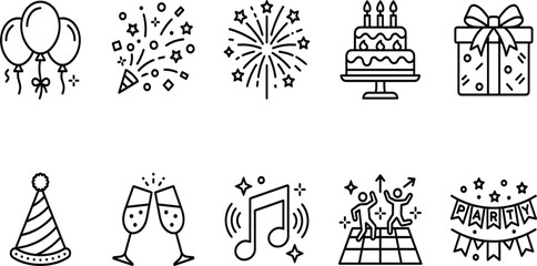 Fototapeta premium Party Celebration Line Icon Set Featuring Balloons, Fireworks, Birthday Cake, Gift Box, Champagne Glasses, Music Notes, and Festive Decorations