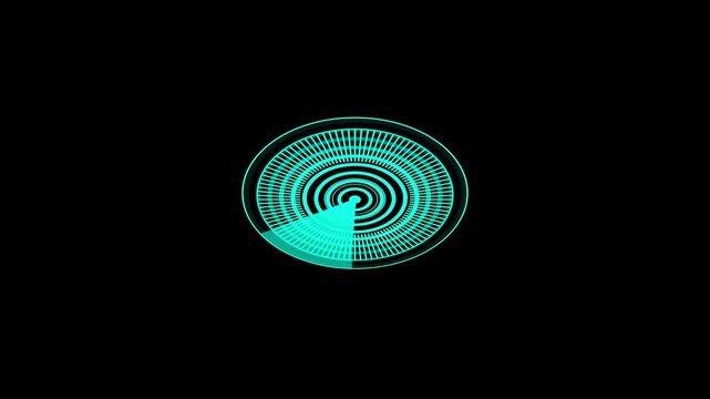 Cyan blue digital circular radar scanner hud motion graphic a neon interface element performing a sweep animation on a black background interface neon technology data screen