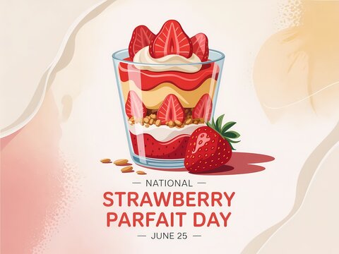 National strawberry parfait day illustration with fresh strawberries and layered dessert in a glass