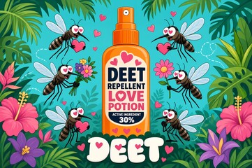 Naklejka premium Cartoon mosquitoes with hearts around a repellent spray bottle.