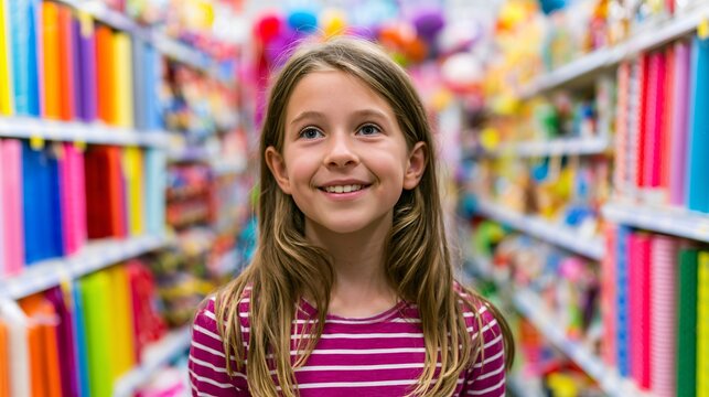 Smiling Girl Shopping in Colorful Aisle for Party Supplies