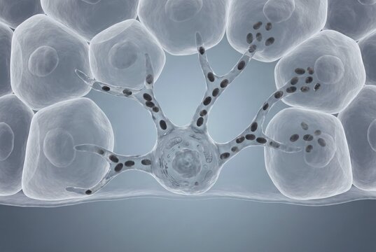 Microscopic visualisation of a melanocyte in the basal layer of the skin extending its dendrites to transfer melanosomes (pigment corpuscles) to neighbouring keratinocytes. Dermatology, Cosmetic Research, Anti-Aging, AI generated