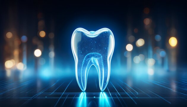 digital rendering of a tooth glowing blue against a dark background with bokeh effect modern dental technology concept