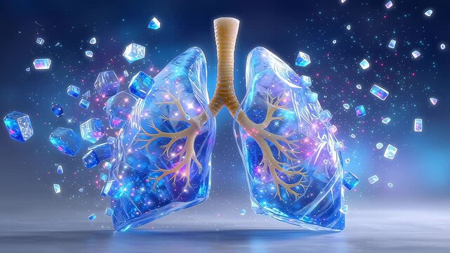 Glowing lungs radiate vibrant colors with crystal formations emerging. A stunning depiction of health and vitality in abstract style. Concept of healthcare, wellness, and medical art