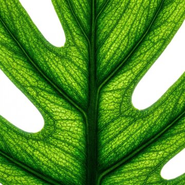 Backlit macro of a green monstera plant leaf showing veins