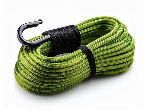 green nylon rope bundle with black hook isolated on white background