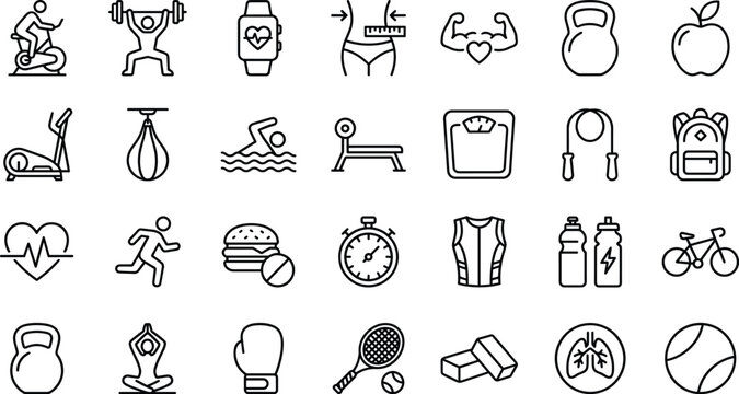 Fitness and Healthy Lifestyle Line Icon Set Featuring Gym Exercise Sports Nutrition Wellness and Cardio Activities