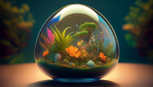 miniature ecosystem terrarium in glass egg shape