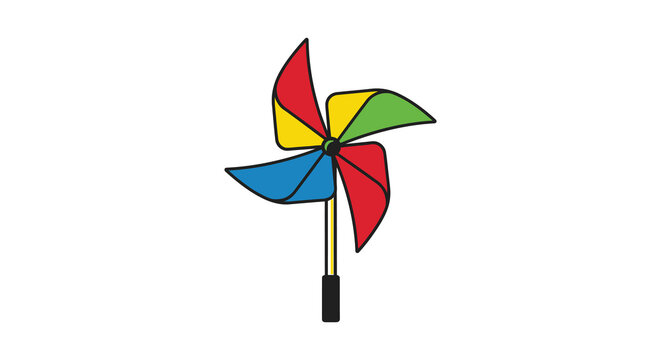Colorful pinwheel toy with vibrant blades and wooden handle flat vector silhouette
