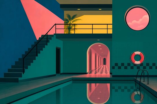 Surreal poolside scene with vibrant colors and geometric shapes