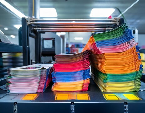 vibrant zine stacks shimmer after emerging from the zp zine printer in the factory