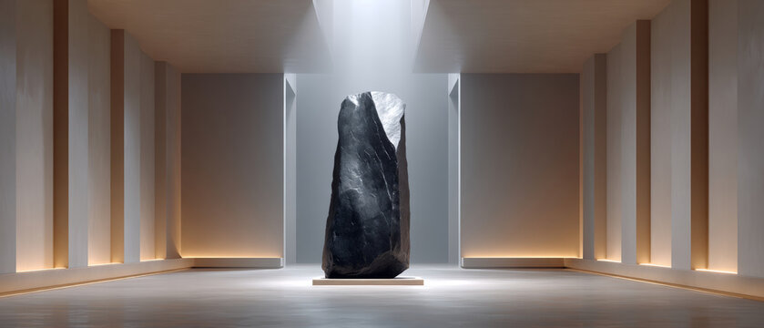A large, dark-colored rock with a smooth surface and visible striations on its sides is illuminated by spotlights in an empty gallery space.