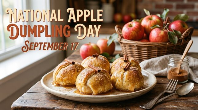 Apple dumplings on plate with cinnamon sugar and fresh apples
