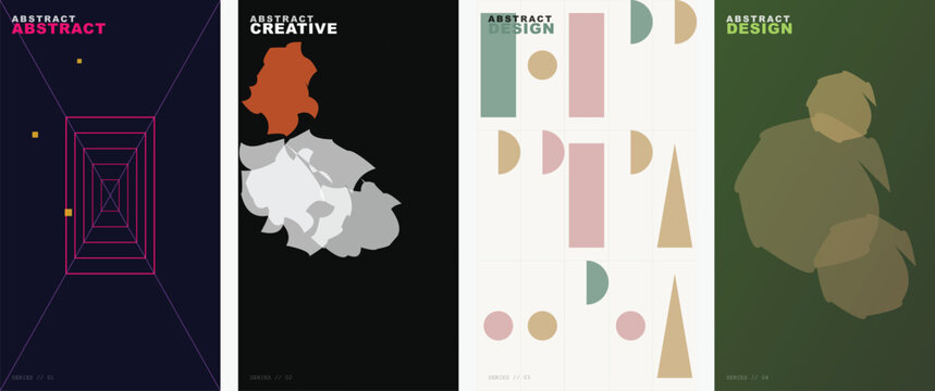 Minimalist abstract poster collection, set of 4 geometric vector backgrounds, modern artistic cover designs with organic shapes and linear patterns
