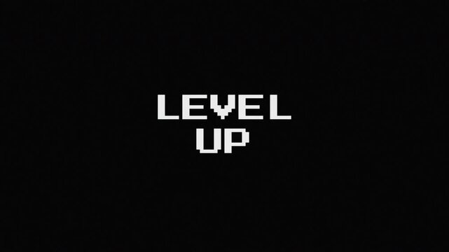 Retro Level Up Pixel Text Animation with Digital Glitch and Chromatic Aberration