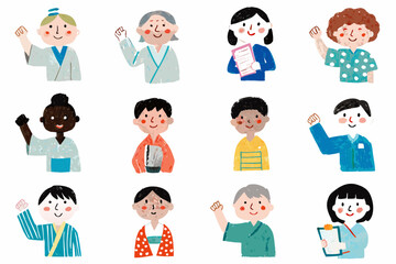 Fototapeta premium Diverse group of illustrated people with varying hairstyles and clothing