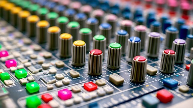 Colorful Mixing Console with Bright Buttons and Knobs for Professional Audio Production