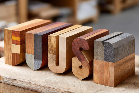 Handcrafted wooden blocks spell out the word 'Hus' on a workbench, showcasing different types of wood and finishes
