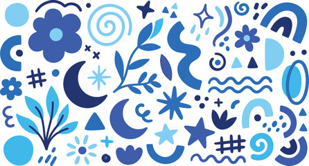 Elegant blue ornamental seamless pattern featuring floral motifs, swirls, stars, and decorative elements on a light background. © Safa