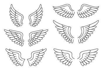 Fototapeta premium Collection of six pairs of stylized angel wings in black outline