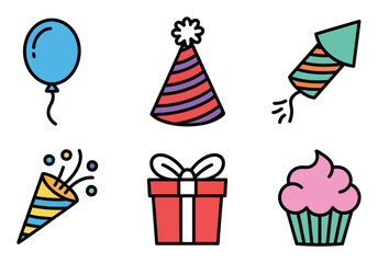 Obraz premium Festive birthday balloon, hat, firework, confetti, gift, cupcake