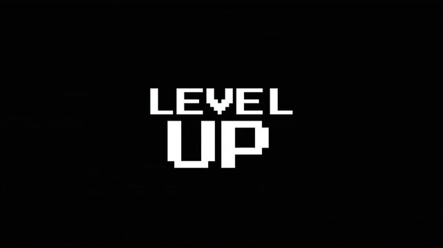 Retro Pixel Art Level Up Text Animation with Digital Glitch