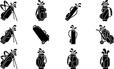 Naklejka premium Golf bag silhouette icon set, flat black glyph style, pure white background